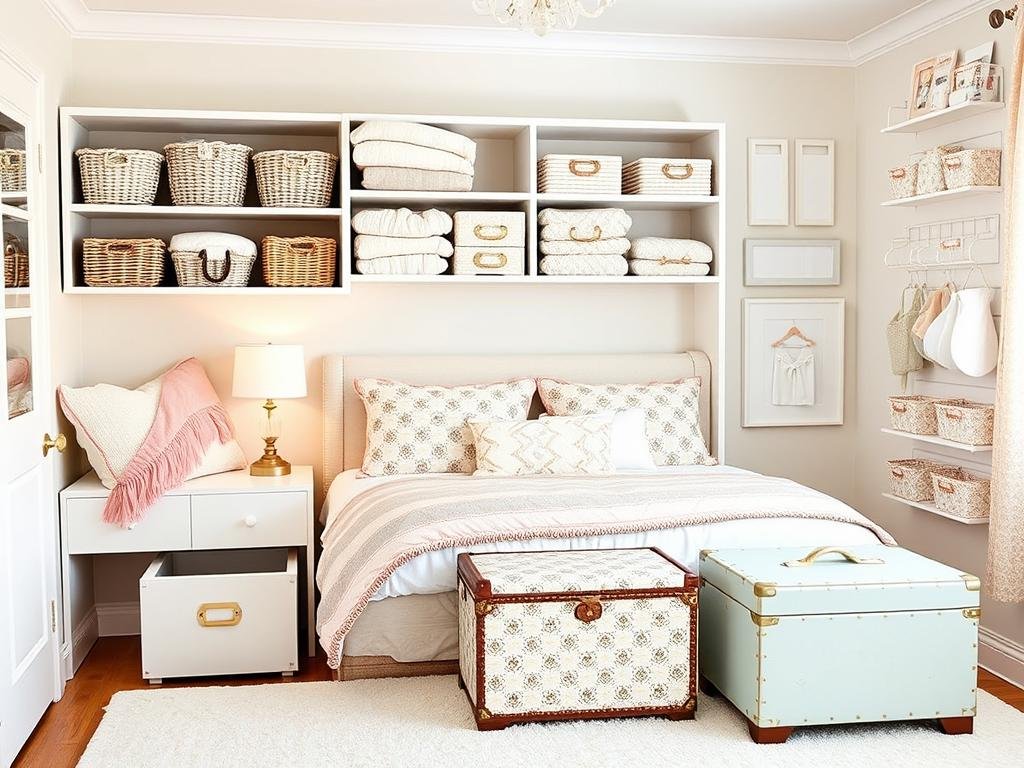 Cute storage solutions including decorative baskets, fabric bins, and stylish organizers arranged in a bedroom Cute storage solutions including decorative baskets, fabric bins, and stylish organizers arranged in a bedroom