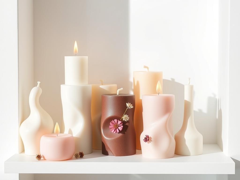DIY aesthetic candles in various shapes and colors arranged on a shelf DIY aesthetic candles in various shapes and colors arranged on a shelf