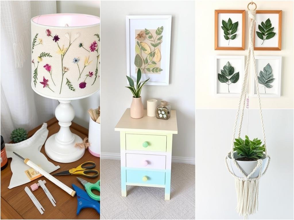 DIY aesthetic room decor projects including custom lampshade, painted furniture, and handmade wall art showing aesthetic room decor ideas DIY aesthetic room decor projects including custom lampshade, painted furniture, and handmade wall art showing aesthetic room decor ideas
