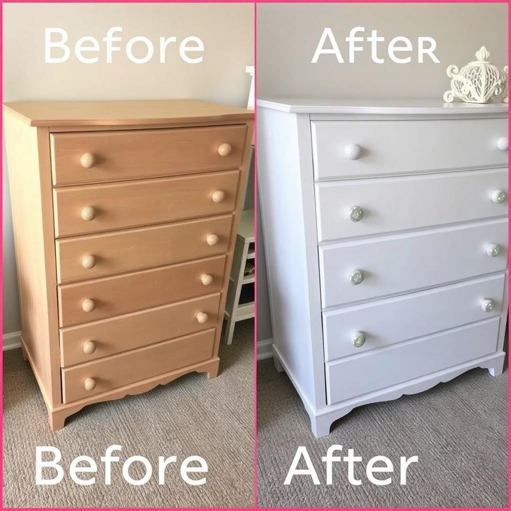DIY baby room project showing painted furniture transformation