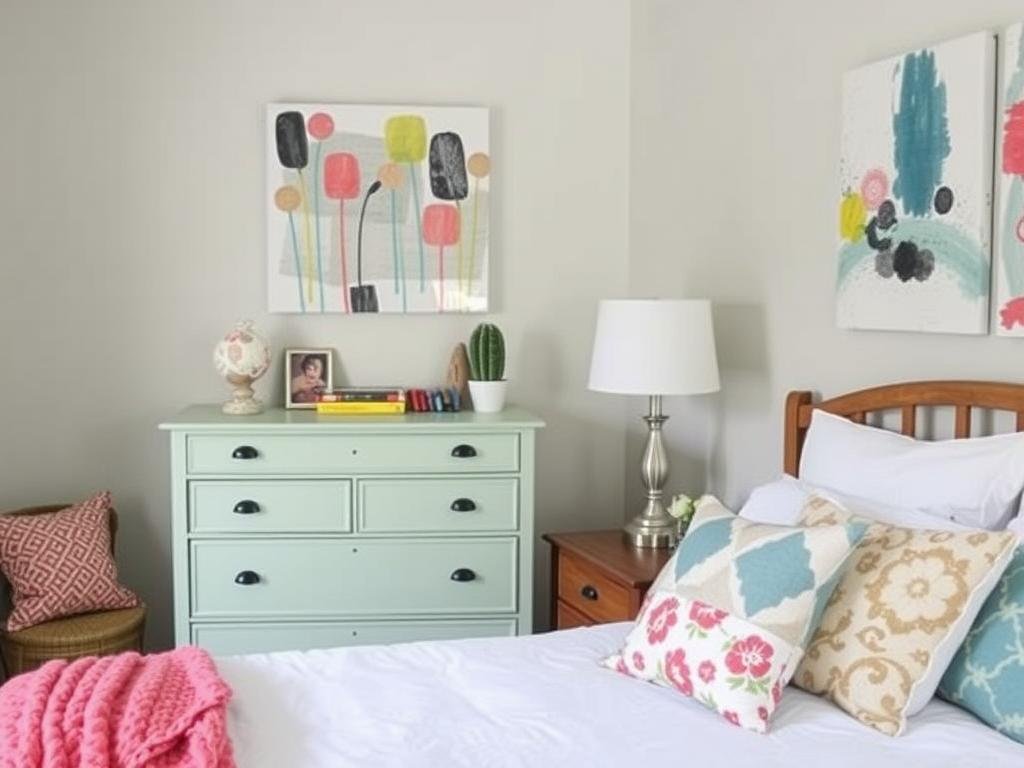 DIY bedroom projects including painted furniture and handmade wall art