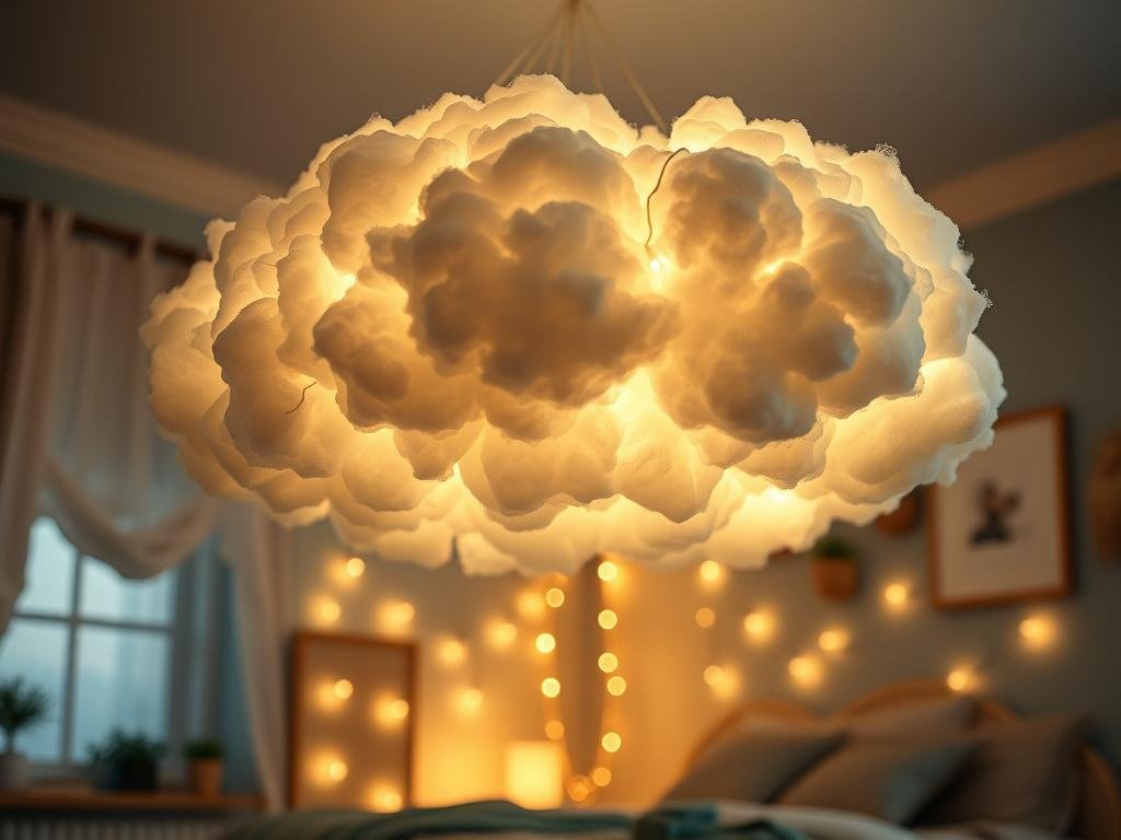 DIY cloud light made with cotton batting and LED string lights creating a soft glow in a bedroom DIY cloud light made with cotton batting and LED string lights creating a soft glow in a bedroom