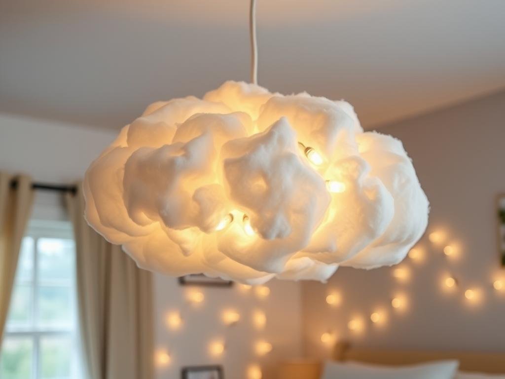 DIY cloud-shaped light with LED string lights glowing softly in a cute bedroom setup DIY cloud-shaped light with LED string lights glowing softly in a cute bedroom setup