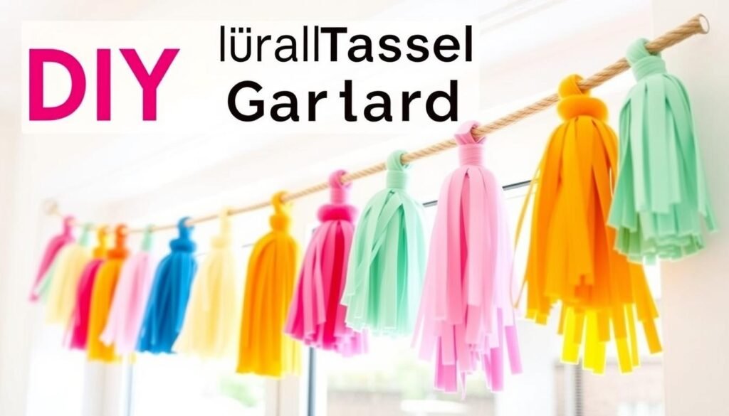 DIY colorful tassel garland hanging across a wall