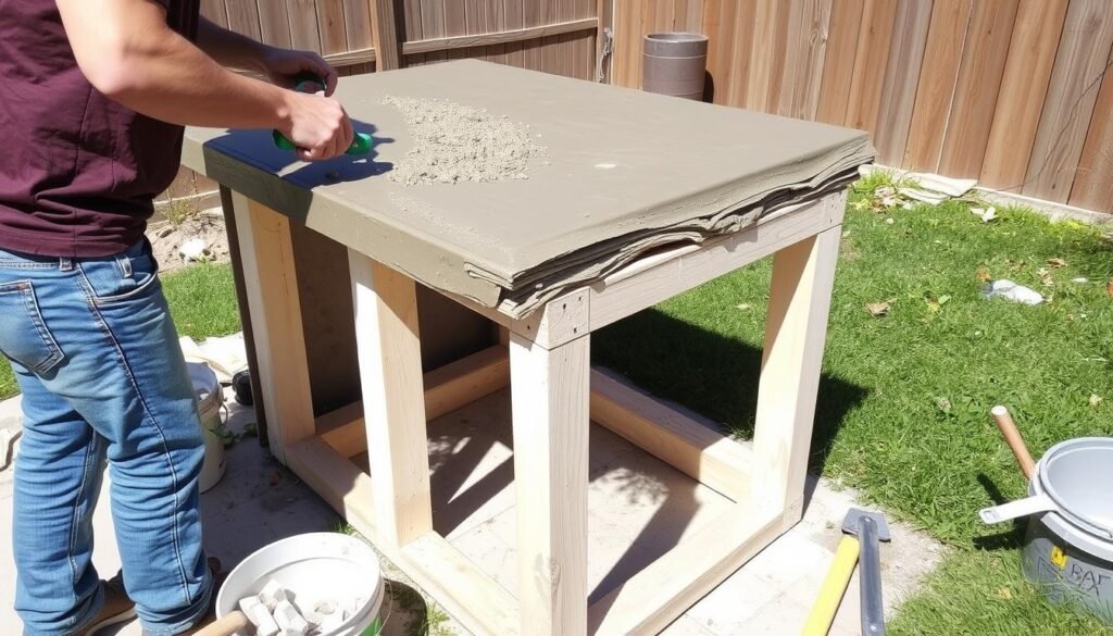 DIY concrete countertop being installed on outdoor kitchen DIY concrete countertop being installed on outdoor kitchen