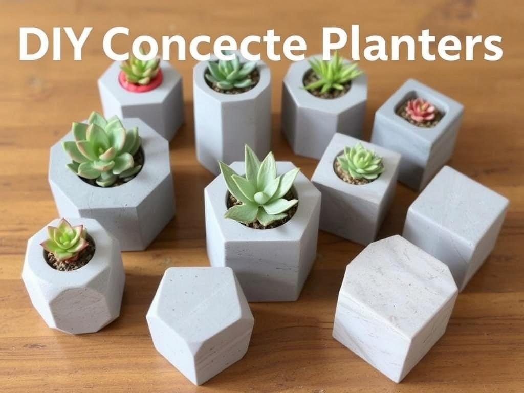 DIY concrete planters in various geometric shapes holding small succulents