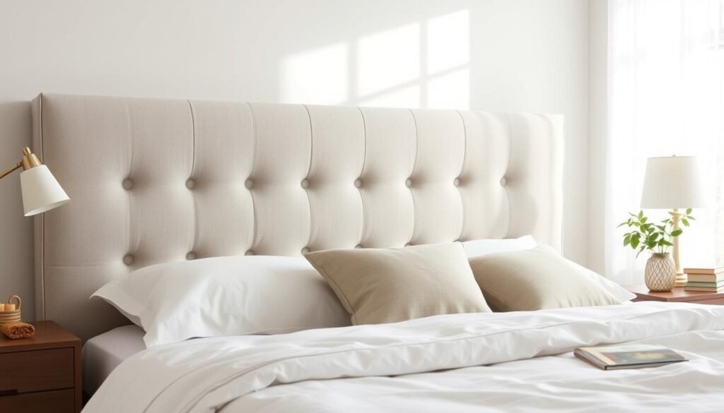 DIY fabric-covered headboard with tufted buttons in a neutral fabric DIY fabric-covered headboard with tufted buttons in a neutral fabric