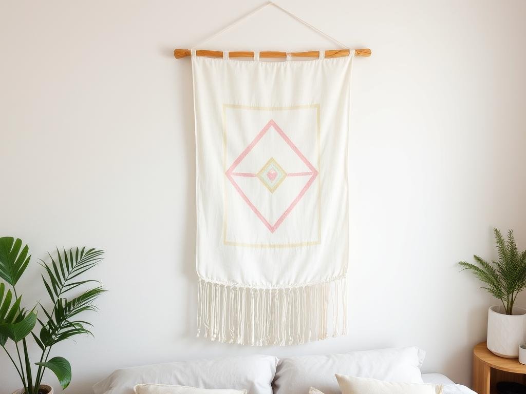 DIY fabric wall tapestry with painted design in pastel colors DIY fabric wall tapestry with painted design in pastel colors
