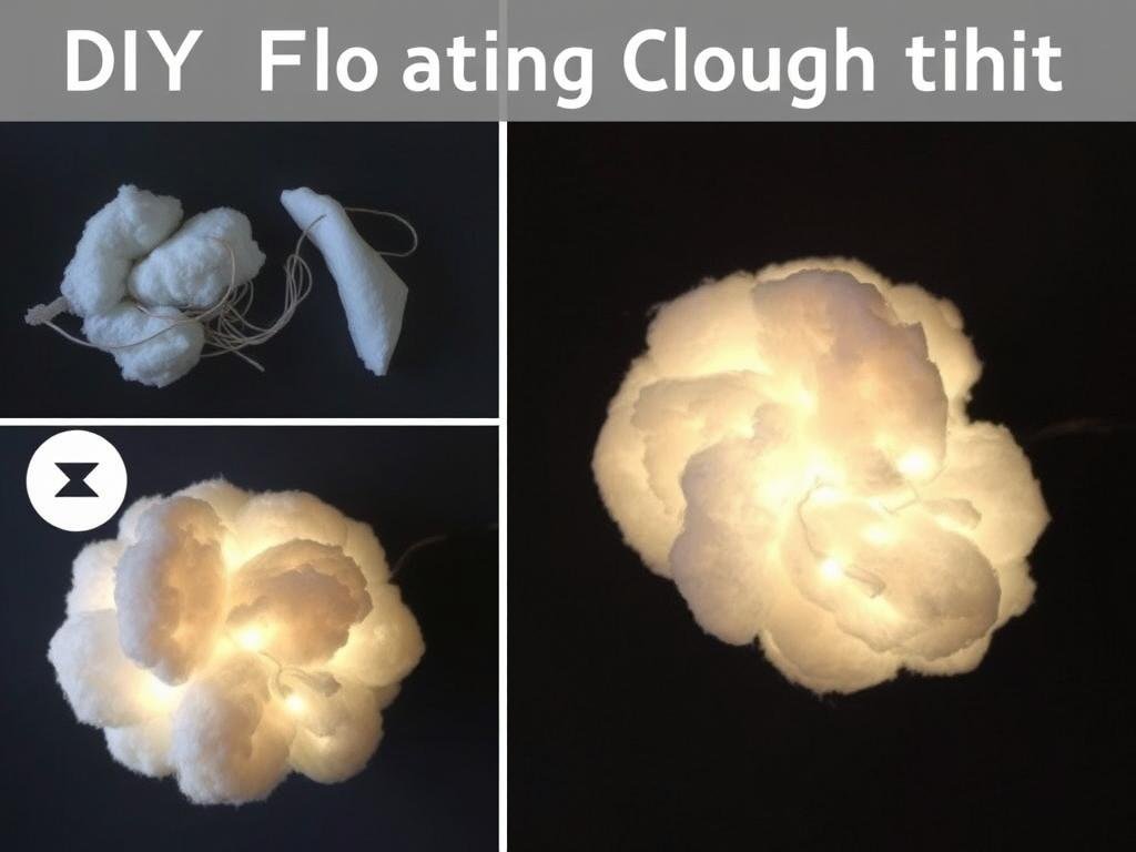 DIY floating cloud light made with cotton batting and LED lights
