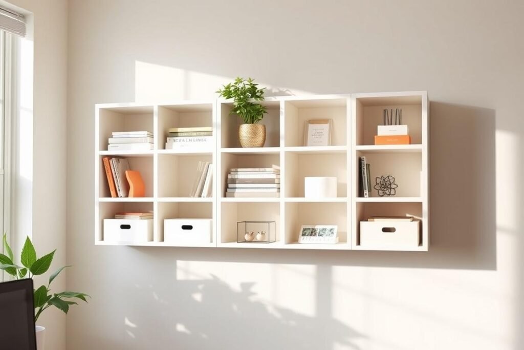 DIY floating cubby organizer with multiple compartments mounted on a wall DIY floating cubby organizer with multiple compartments mounted on a wall