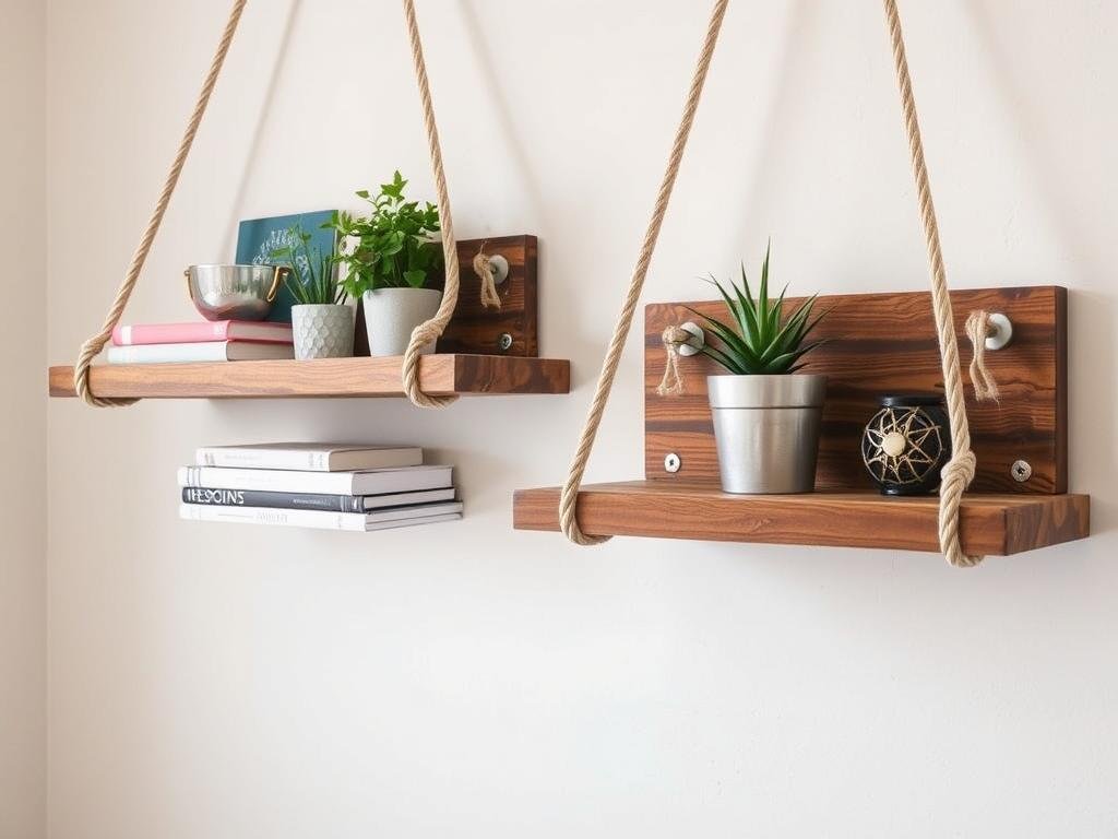 DIY floating rope shelves holding books and decorative items