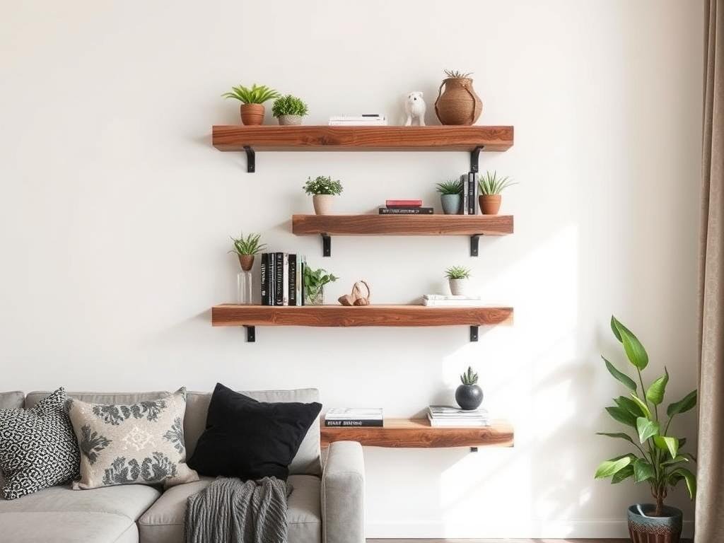 DIY floating shelves made from reclaimed wood with decorative items DIY floating shelves made from reclaimed wood with decorative items