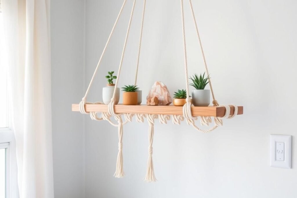 DIY hanging macrame shelf in a teen bedroom displaying small plants and decorative items DIY hanging macrame shelf in a teen bedroom displaying small plants and decorative items