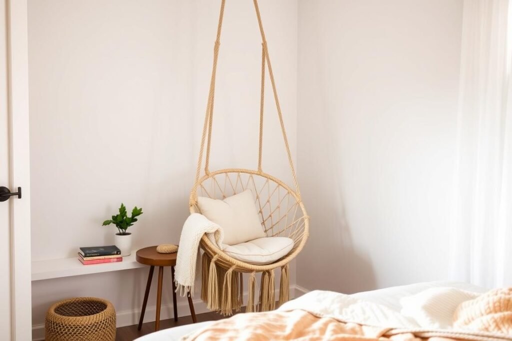 DIY macramé hanging chair in corner of teen bedroom DIY macramé hanging chair in corner of teen bedroom