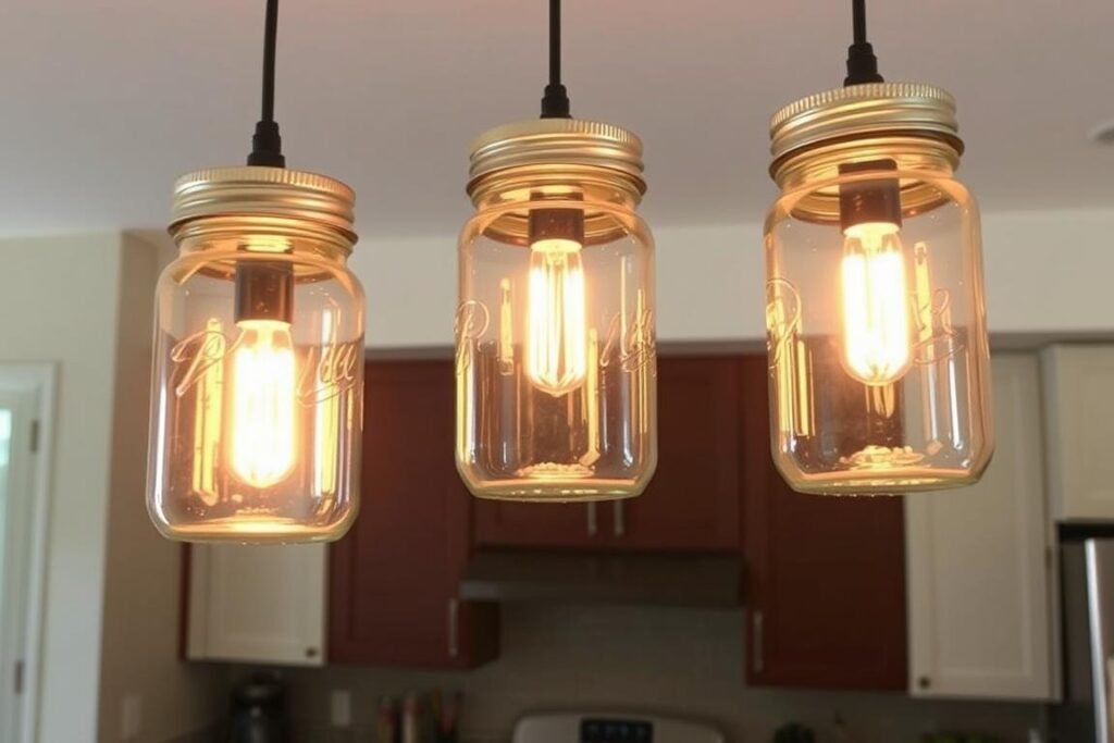 DIY mason jar pendant lights hanging over a kitchen island