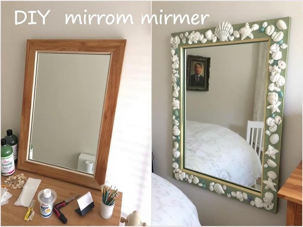 DIY mirror frame project with decorative elements and tools DIY mirror frame project with decorative elements and tools