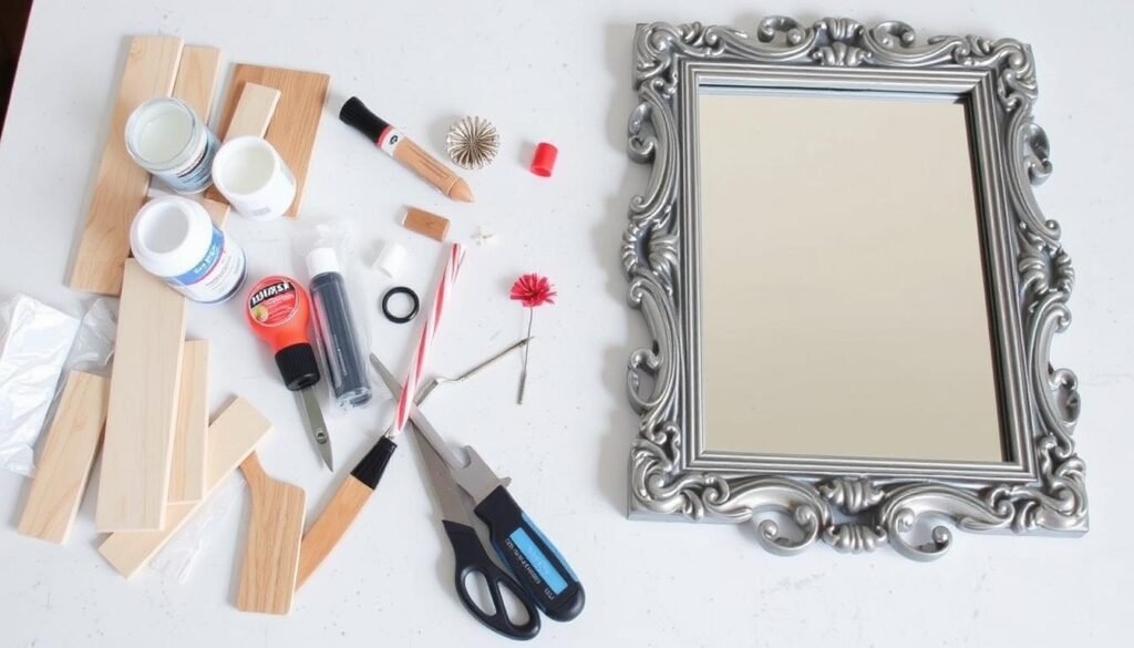 DIY mirror frame project with materials and tools laid out DIY mirror frame project with materials and tools laid out