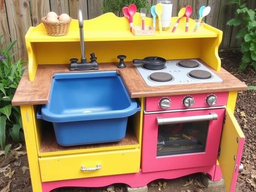 DIY mud kitchen created from repurposed old furniture with added sink DIY mud kitchen created from repurposed old furniture with added sink