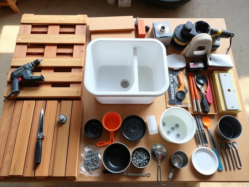DIY mud kitchen materials laid out including pallets, tools, and kitchen accessories DIY mud kitchen materials laid out including pallets, tools, and kitchen accessories