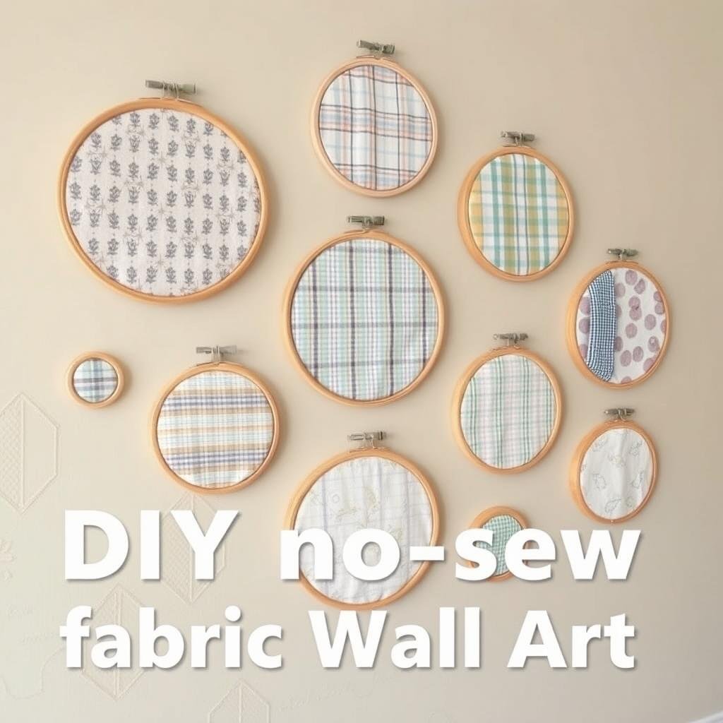 DIY no-sew fabric wall art displayed in embroidery hoops of various sizes