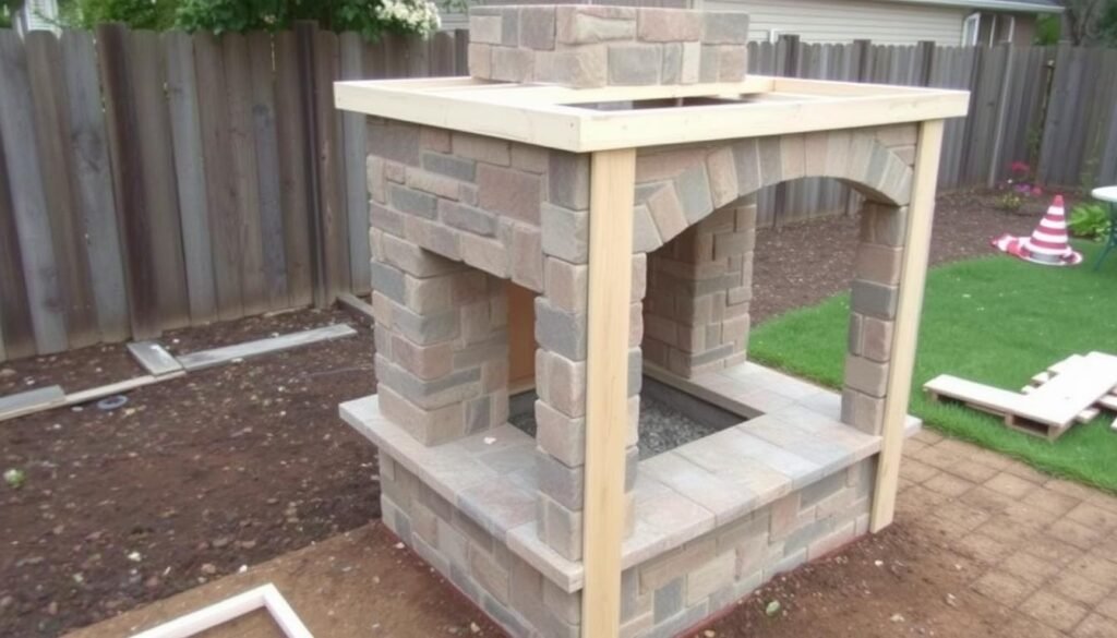 DIY outdoor fireplace kit being assembled in a backyard