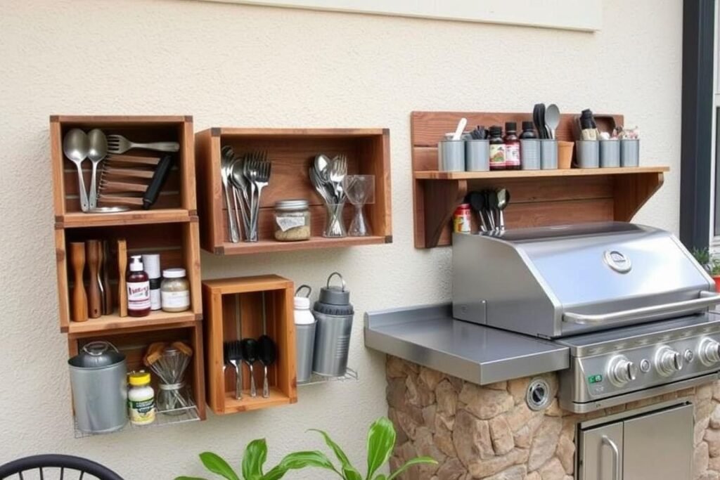 DIY outdoor kitchen storage using repurposed wooden crates and metal containers