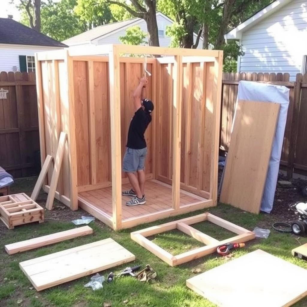 DIY outdoor shower kit being assembled in backyard