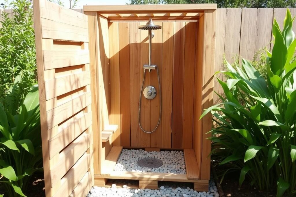 DIY outdoor shower made from repurposed wooden pallets with a simple shower fixture DIY outdoor shower made from repurposed wooden pallets with a simple shower fixture