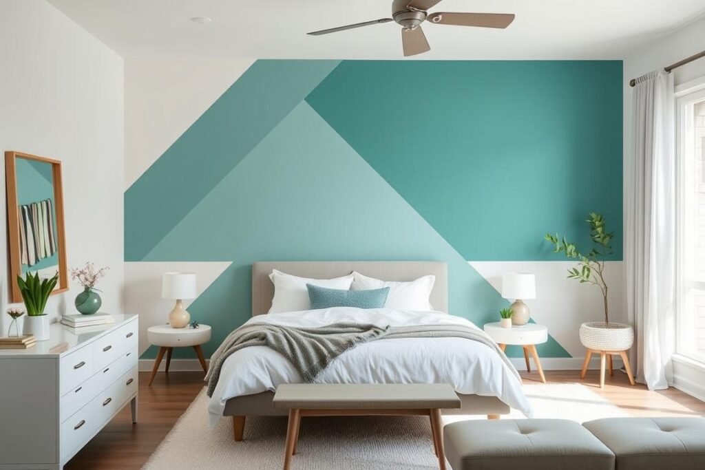 DIY painted accent wall with geometric pattern in teal and white DIY painted accent wall with geometric pattern in teal and white
