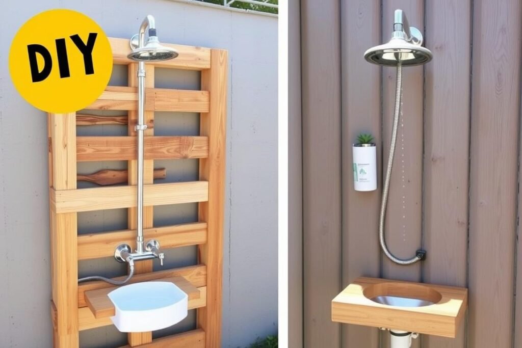 DIY pallet outdoor shower with simple plumbing and creative upcycled elements