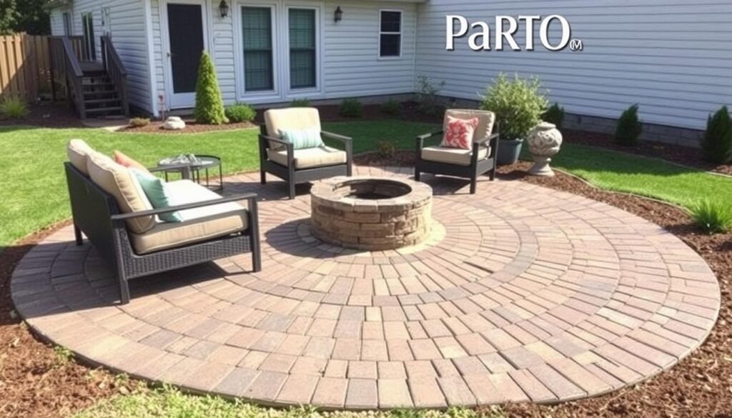 DIY paver patio with fire pit and seating area in a backyard DIY paver patio with fire pit and seating area in a backyard