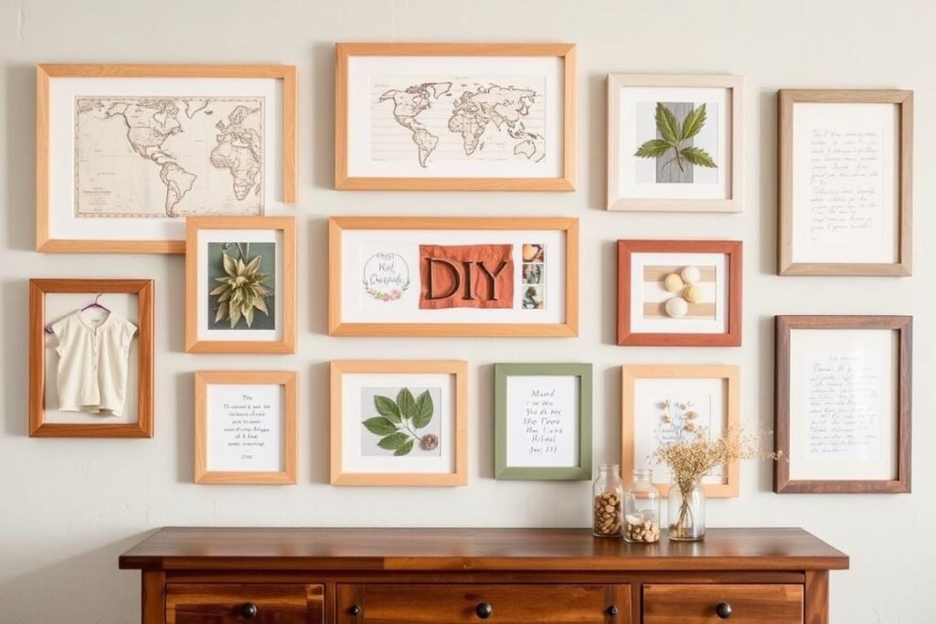 DIY personalized wall art display with meaningful items in coordinated frames DIY personalized wall art display with meaningful items in coordinated frames