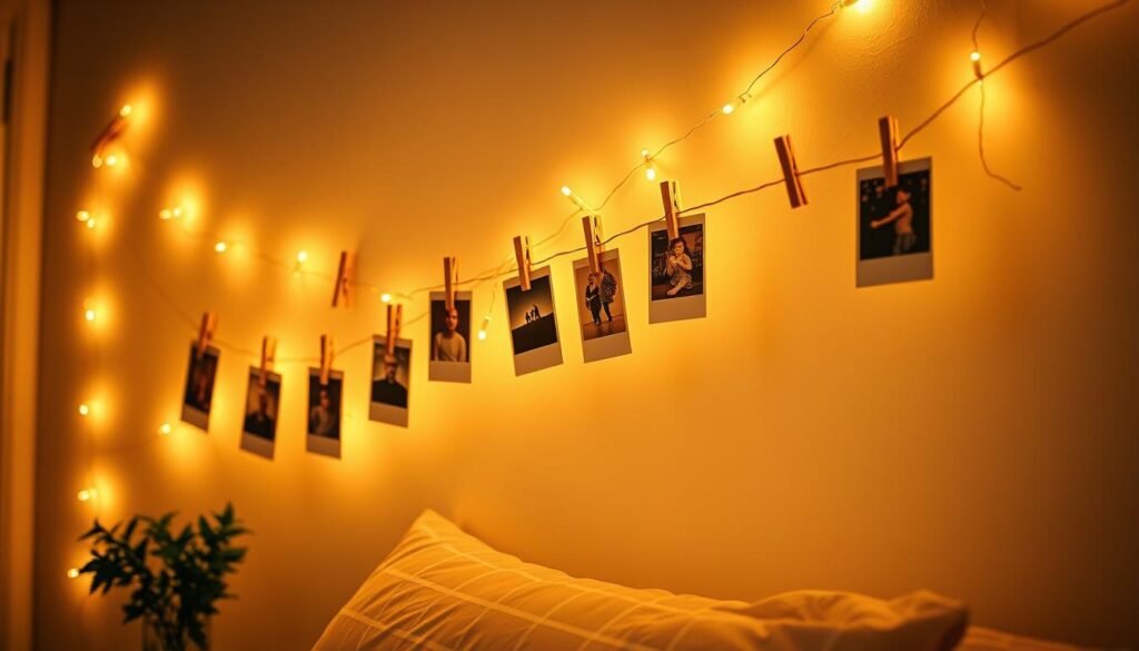 DIY photo display with fairy lights and clothespins holding polaroid-style photos DIY photo display with fairy lights and clothespins holding polaroid-style photos