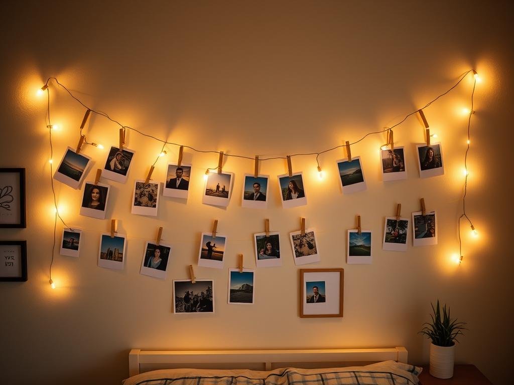 DIY photo display with string lights and clips DIY photo display with string lights and clips