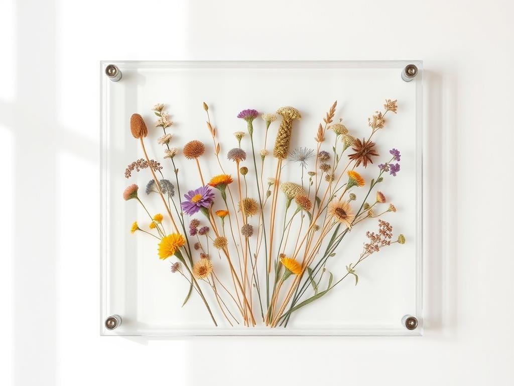 DIY pressed flower frame art with colorful dried flowers arranged in a floating glass frame DIY pressed flower frame art with colorful dried flowers arranged in a floating glass frame