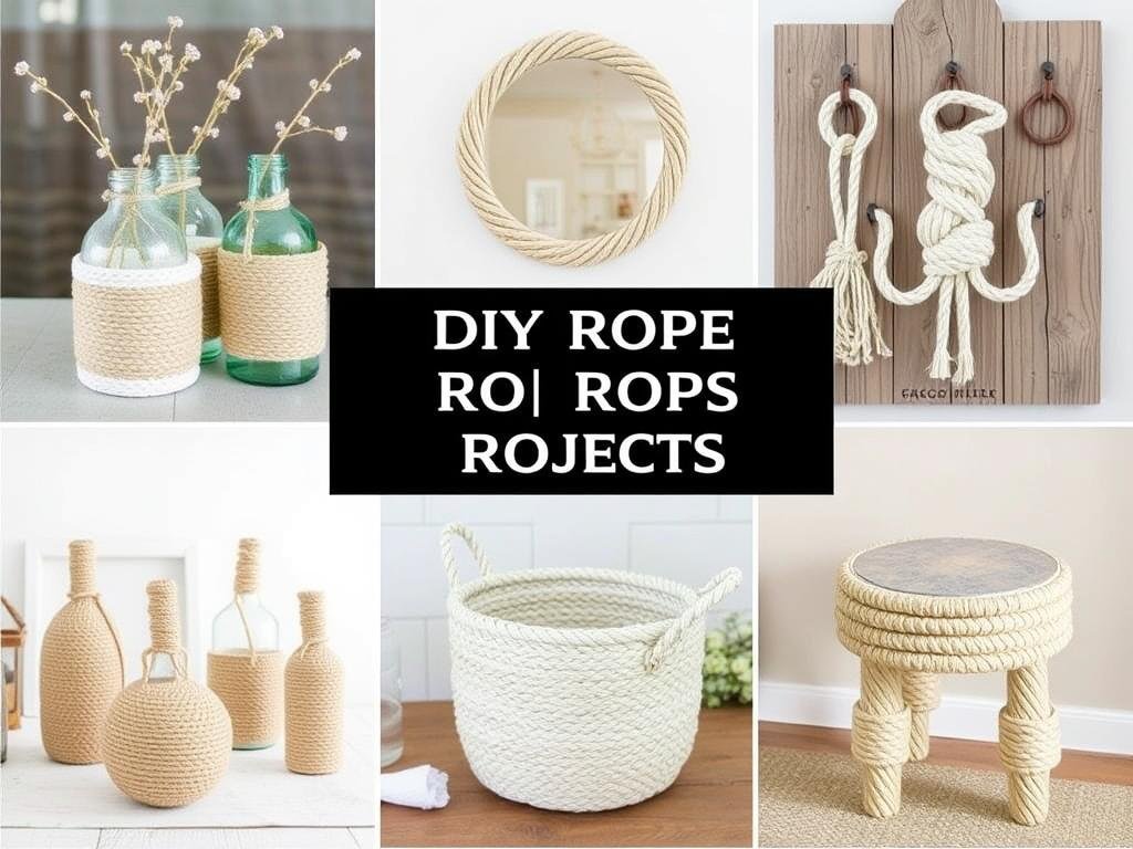 DIY rope projects for beach decor including wrapped vases, mirror frames, and nautical knot art