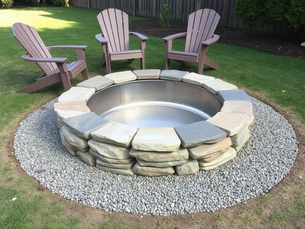 DIY stacked stone fire ring with gravel base in a backyard setting DIY stacked stone fire ring with gravel base in a backyard setting