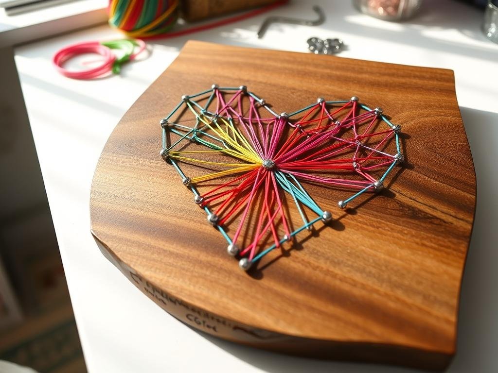 DIY string art on wooden board with colorful thread forming a geometric pattern DIY string art on wooden board with colorful thread forming a geometric pattern