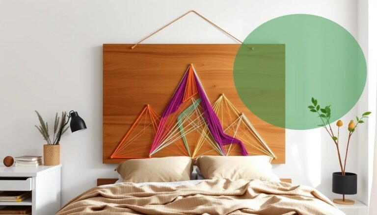 DIY string art wall decoration showing a geometric mountain design made with nails and colorful string