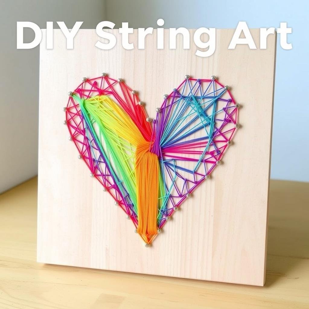 DIY string art with colorful thread creating a heart shape on wooden board DIY string art with colorful thread creating a heart shape on wooden board