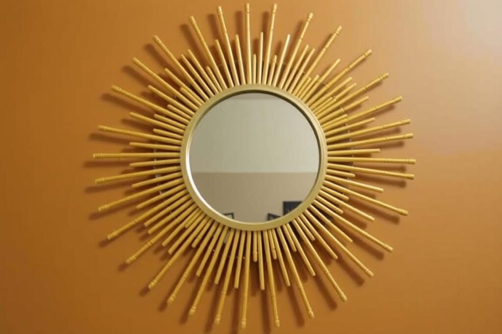 DIY sunburst mirror made with wooden dowels painted gold DIY sunburst mirror made with wooden dowels painted gold