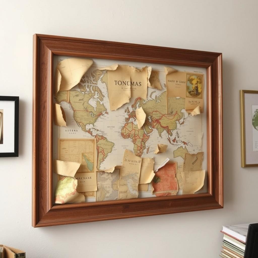 DIY vintage map collage wall art in a wooden frame