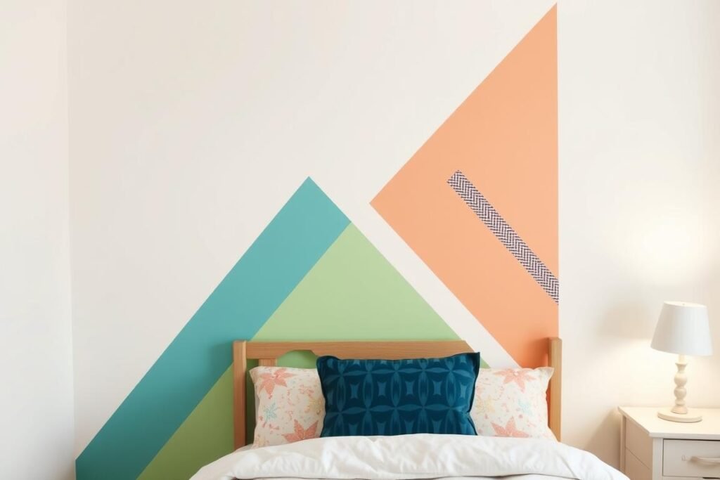 DIY washi tape geometric wall design with colorful tape arranged in a modern pattern DIY washi tape geometric wall design with colorful tape arranged in a modern pattern