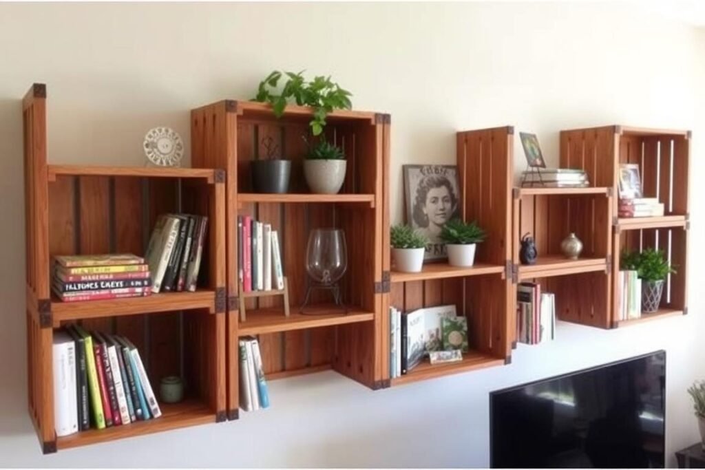 DIY wooden crate bookshelf with stained finish holding books and decorative items