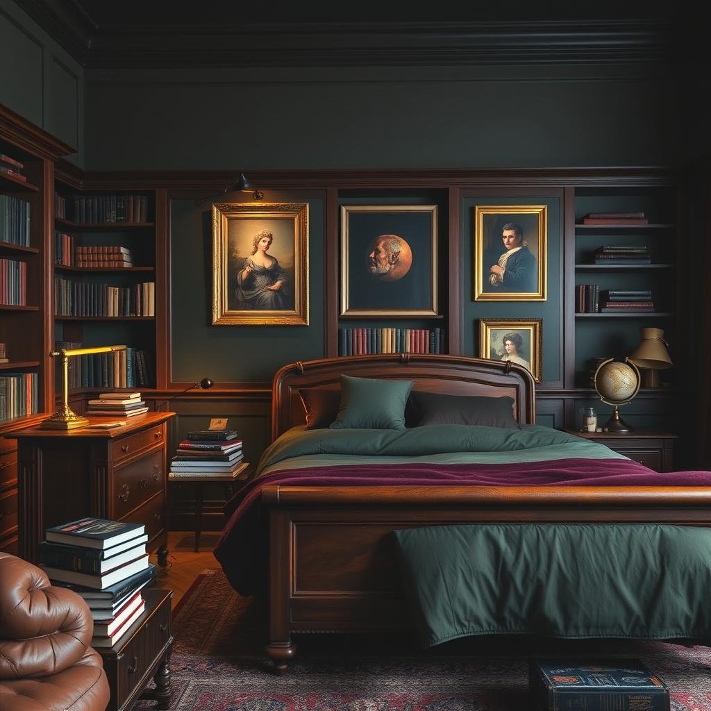 Dark academia bedroom with vintage books and rich textures Dark academia bedroom with vintage books and rich textures