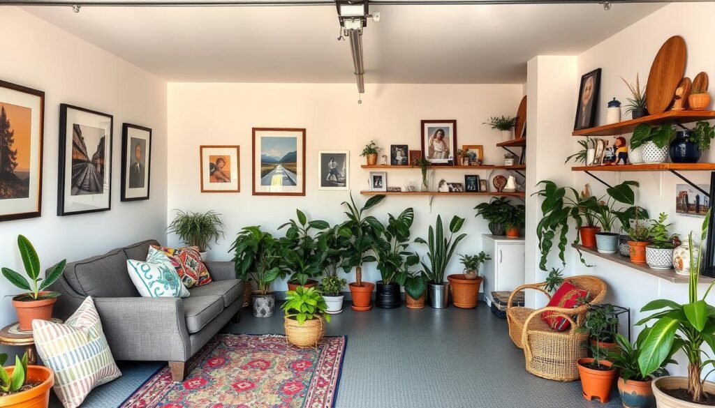 Decorated garage conversion showing personal style with art, textiles, and plants Decorated garage conversion showing personal style with art, textiles, and plants