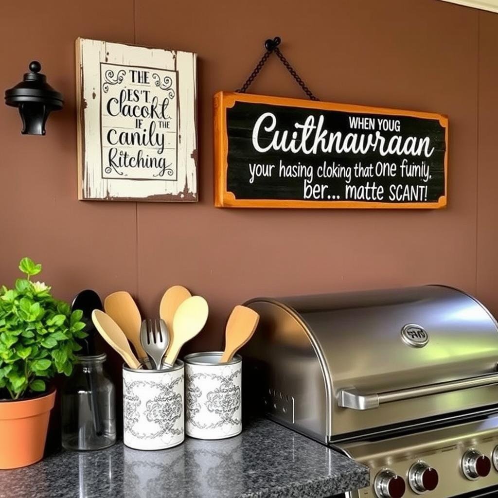 Decorative accessories personalizing outdoor kitchen
