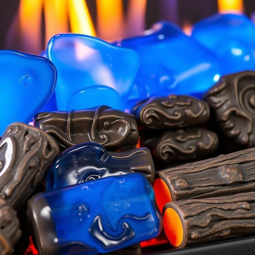 Decorative fire glass and ceramic logs for gas fireplaces