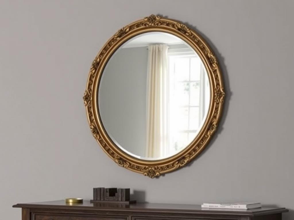 Decorative round wall mirror with gold frame above bedroom dresser Decorative round wall mirror with gold frame above bedroom dresser