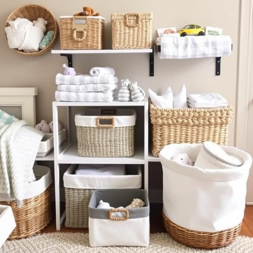 Decorative storage baskets and bins in baby room holding toys, blankets, and supplies